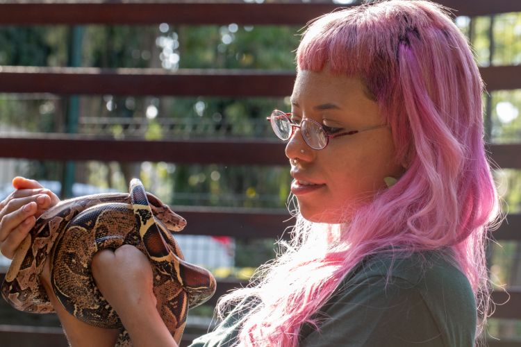 Garota com cabelos rosas segura cobra com as mãos